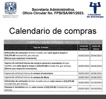 Secretaría Administrativa. Calendario de compras.