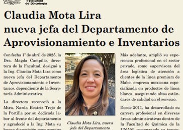 Claudia Mota Lira nueva jefa del Dptamento de Aprovisionamiento…