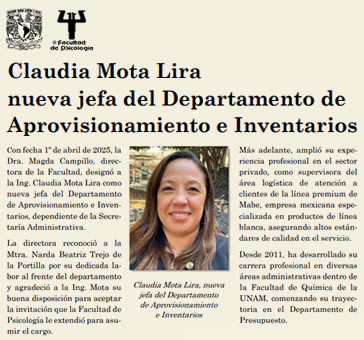 Claudia Mota Lira nueva jefa del Dptamento de Aprovisionamiento…