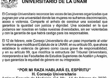 Pronunciamiento del H. Consejo Universitario de la UNAM